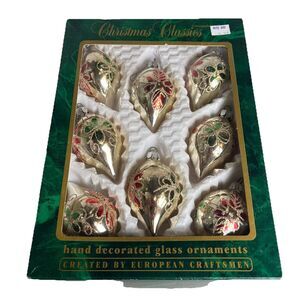 Christmas Classics 8 Gold Tear Drop Glass Ornaments Hand Decorated Vintage Bulbs